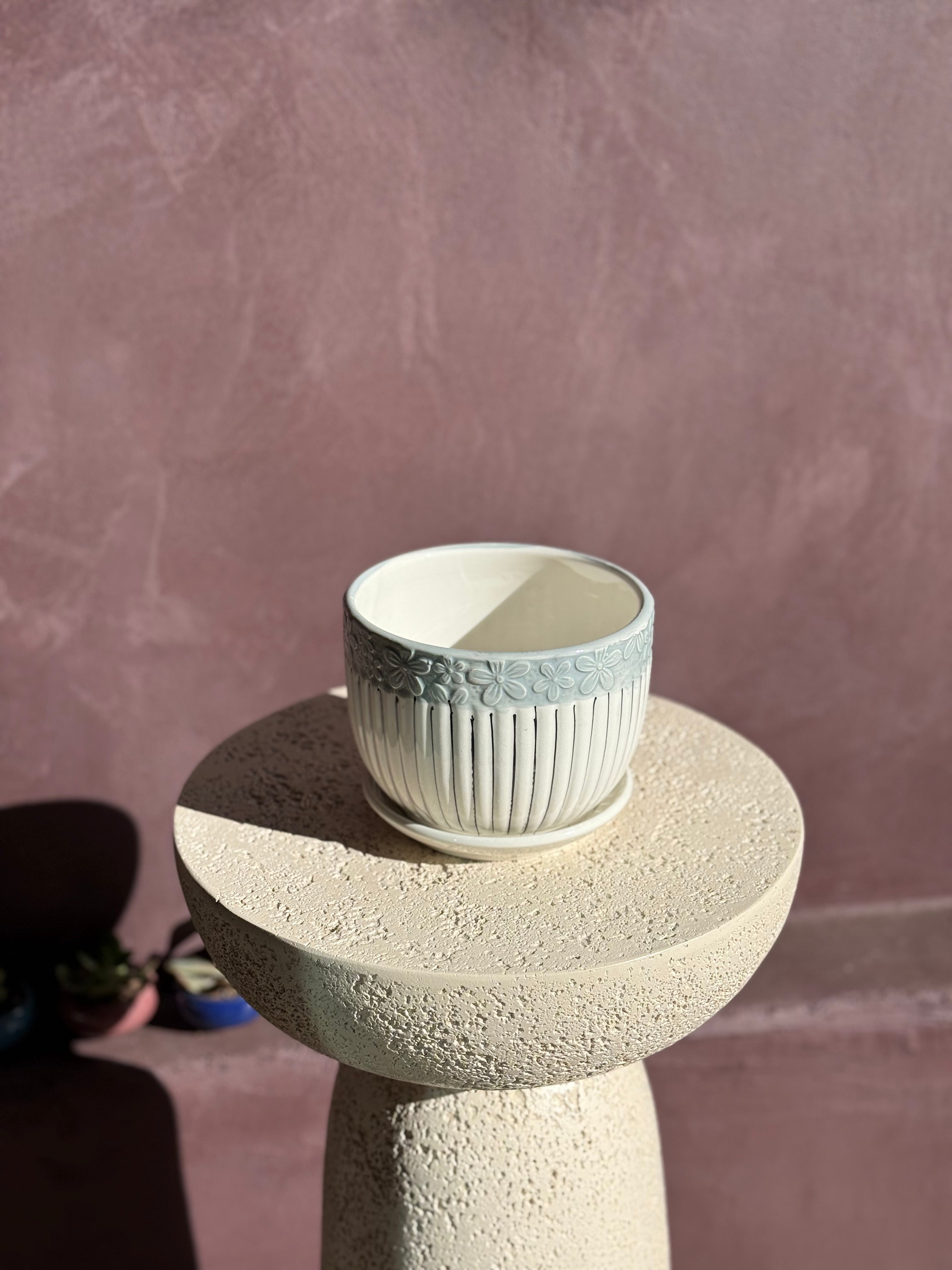 Striped & Floral Ceramic Pot with Built-In Saucer - 4"