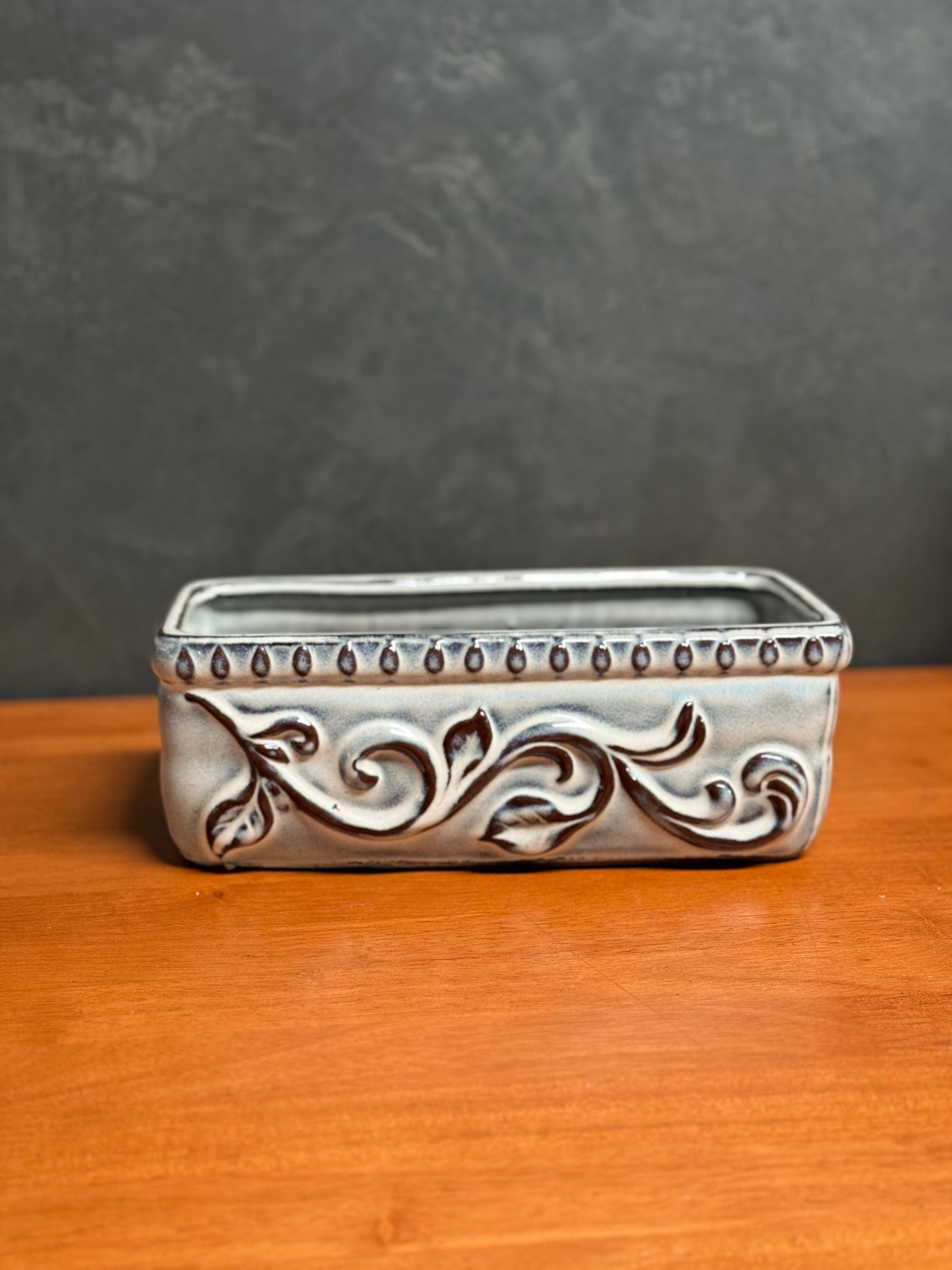 Rectangular Blue Planter with Vine Design - 8" Long Rectangle