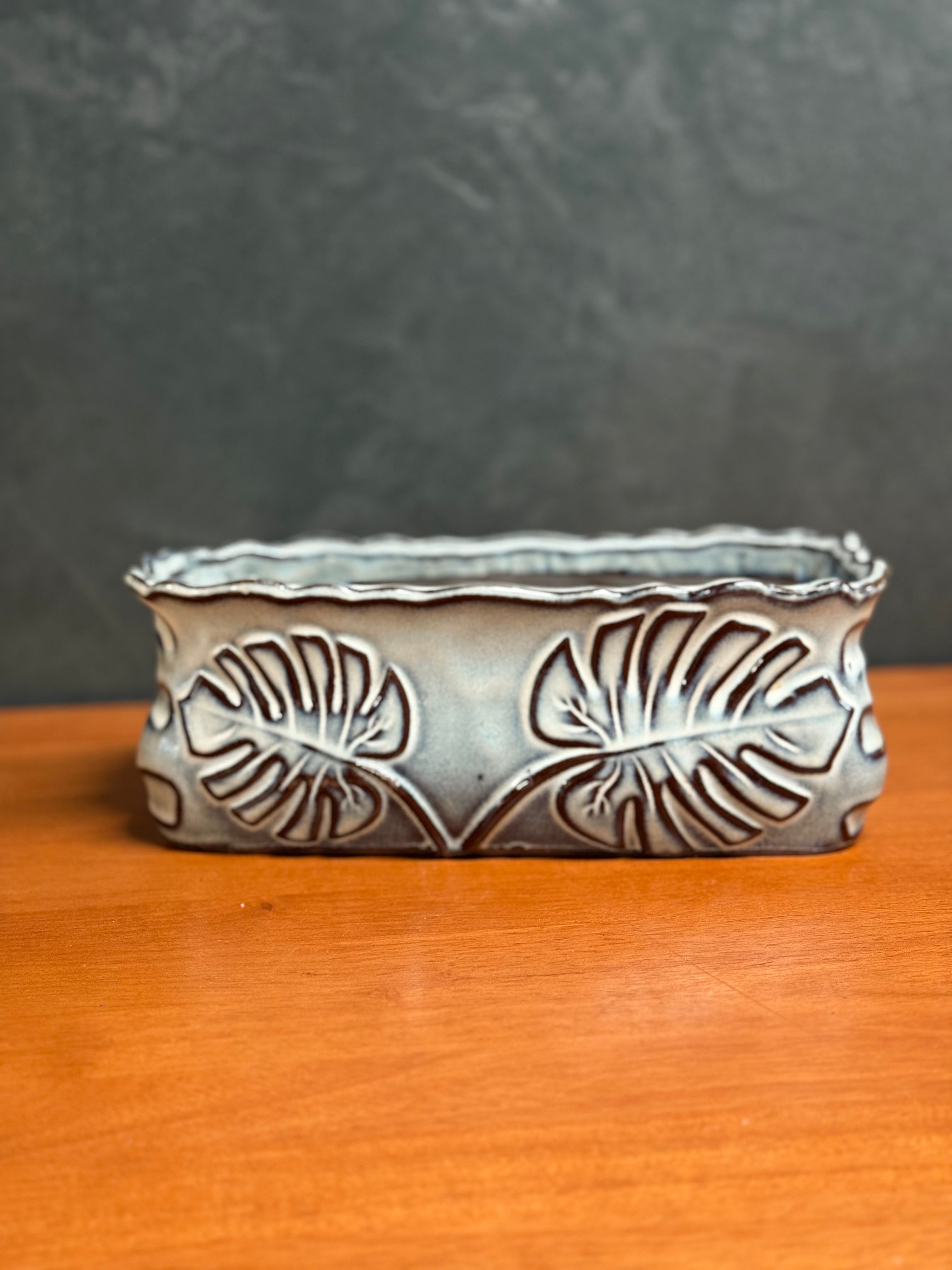 Rectangular Blue Planter with Monstera Design - 8" Long Rectangle