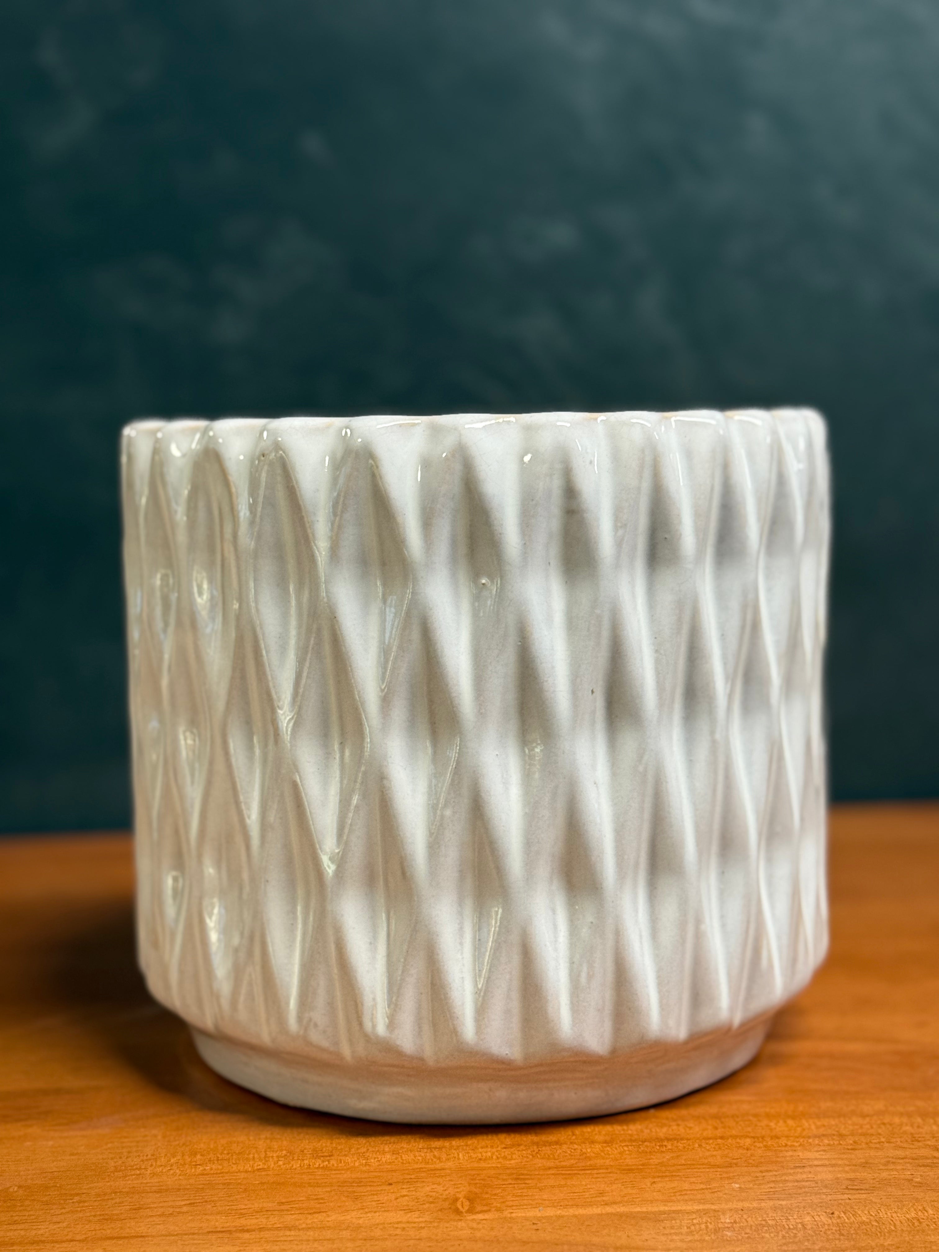 Designer Ceramic Pot with Subtle Geometry in Glossy White - 10"