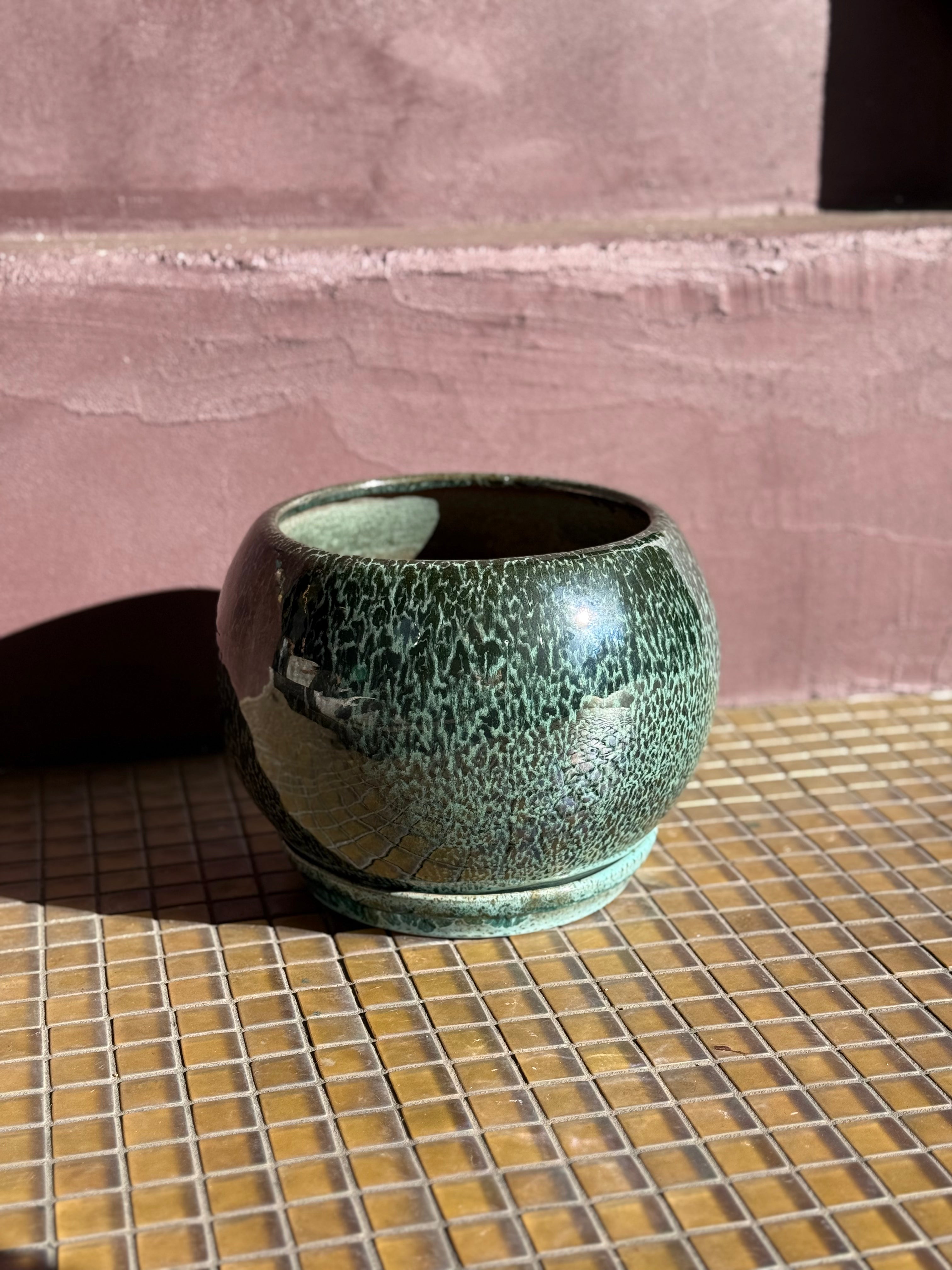 Mottled Green Ceramic Globe Pot with Saucer - 10"
