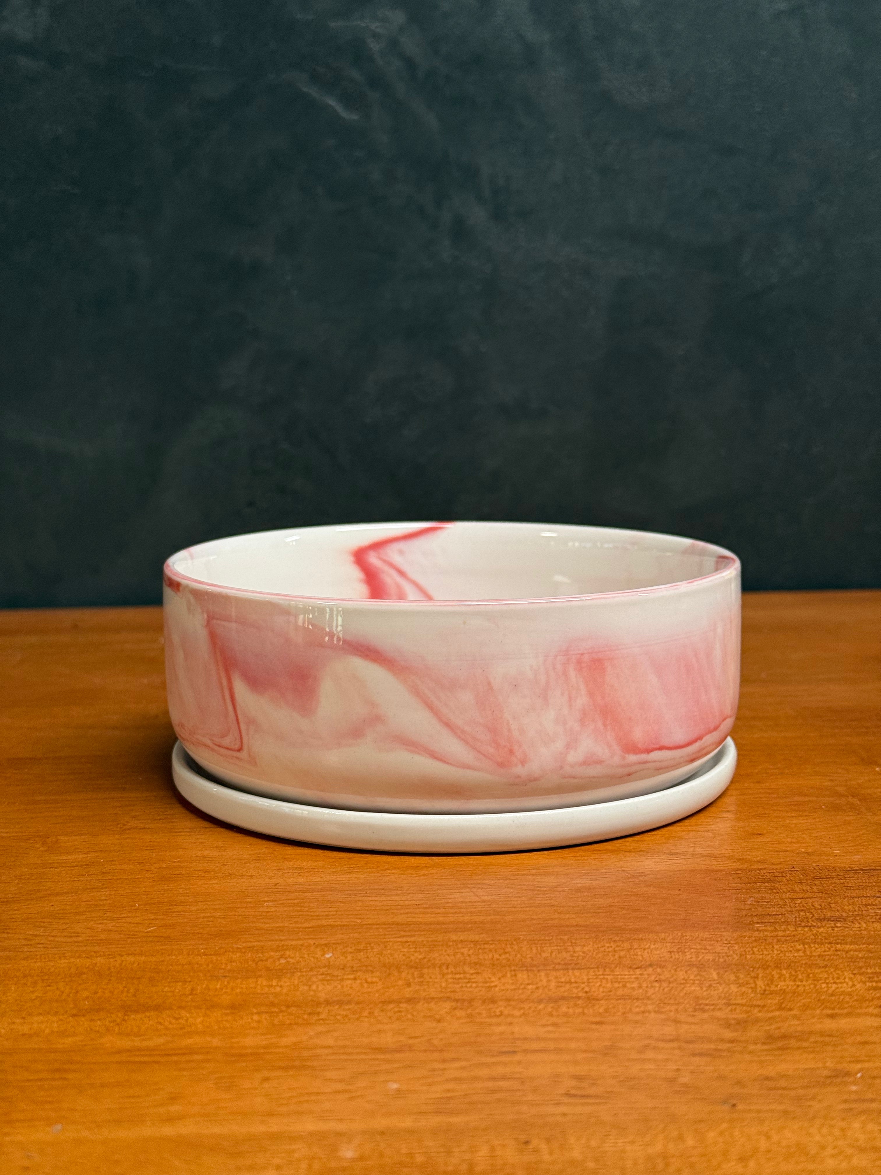 Shallow Ceramic Succulent Pot in Marbled White & Pink with Saucer - Small